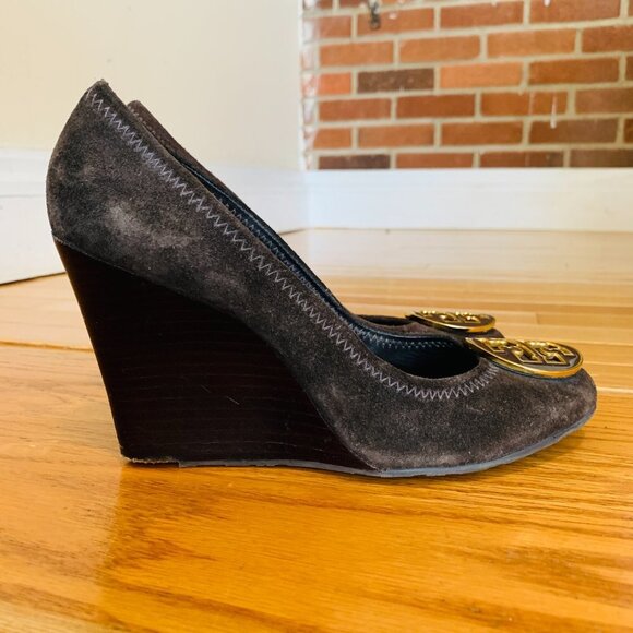 Tory Burch Chelsea Brown Suede Leather Wedge Pumps Size 7.5 M - Picture 10 of 15